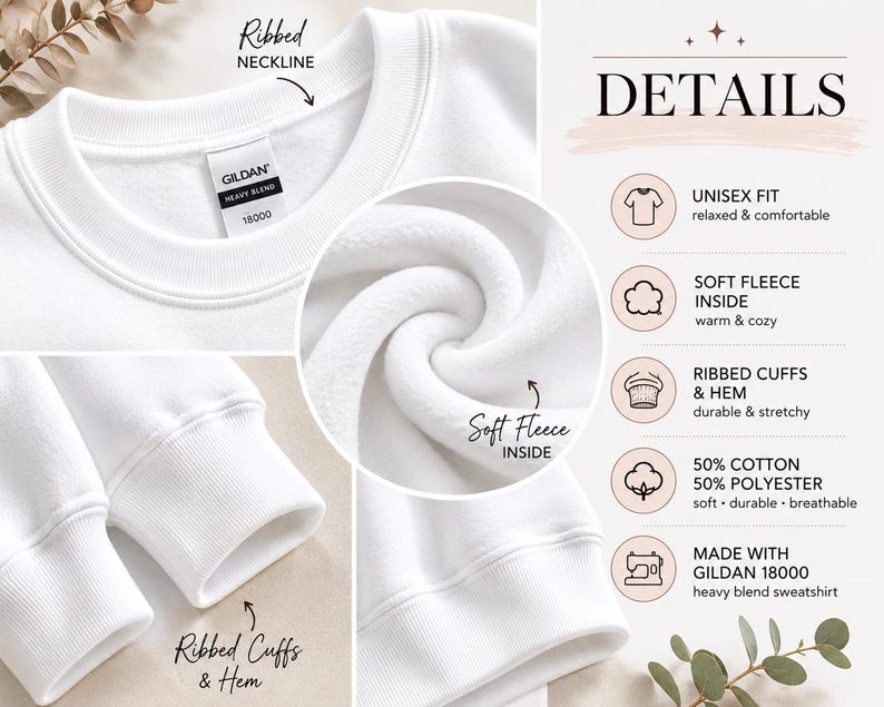May include: White Gildan 18000 heavy blend sweatshirt with ribbed neckline, cuffs, and hem. Features soft fleece inside for warmth and comfort. Made of 50% cotton and 50% polyester. Unisex fit, durable, and breathable.