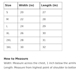 May include: A size chart for Gildan 18000 apparel, displaying sizes S to 3XL. Width measurements range from 20 to 30 inches, and lengths from 27 to 32 inches. Instructions on how to measure width and length are also included.