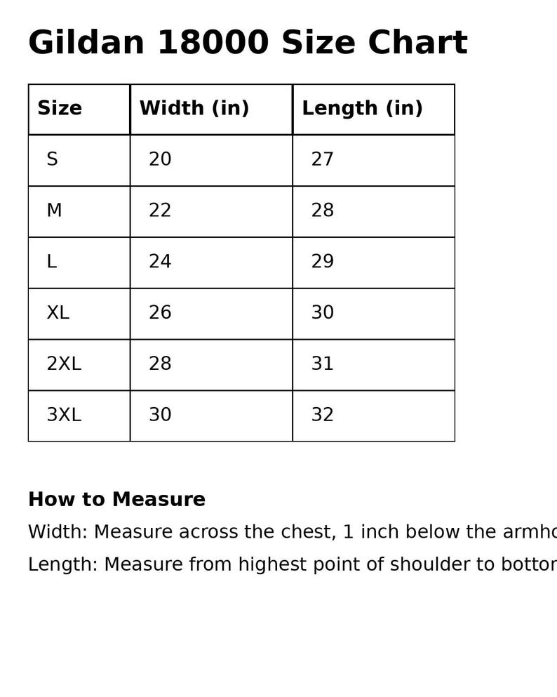 May include: A size chart for Gildan 18000 apparel, displaying sizes S to 3XL. Width measurements range from 20 to 30 inches, and lengths from 27 to 32 inches. Instructions on how to measure width and length are also included.