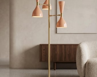 Mid Century Modern Floor Lamp, 3-Light Brass and Peach Standing Lamp, Retro Style Task Lighting, Unique Living Room Decor, Sputnik