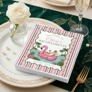 May include: A stack of white paper napkins with a pink and green striped border. The napkins feature a graphic of a woman on a flamingo float in a pool, with the text "Welcome to Olivia's Bachelorette" and "Miami Beach".