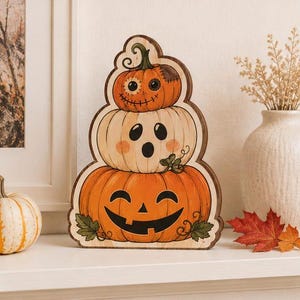 Pumpkin Stack Wooden Block, Cute Halloween Table Decor, Fall Shelf Accent