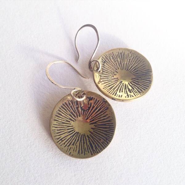 Small spore print earrings brass with silver hooks