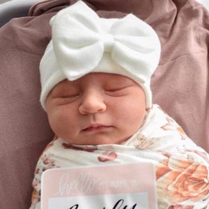 Newborn Hospital Hat: White Double Ply Bow - Baby Girl Shower Gift