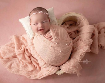 Coral Blush Pearl Newborn Wrap AND/OR white pearl tieback headband, newborn set, bebe foto, Lil Miss Sweet Pea