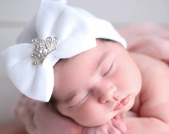 Princess Crown Newborn Hospital Hat, white, large bow and a silver rhinestone crown, baby hat girl, lil miss sweet pea, infant beanie, gift