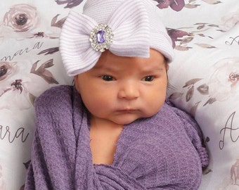 Newborn Hospital Hat, lavender and white stripes with a purple rhinestone center on the bow, baby hat, bebe, Lil Miss Sweet Pea Boutique