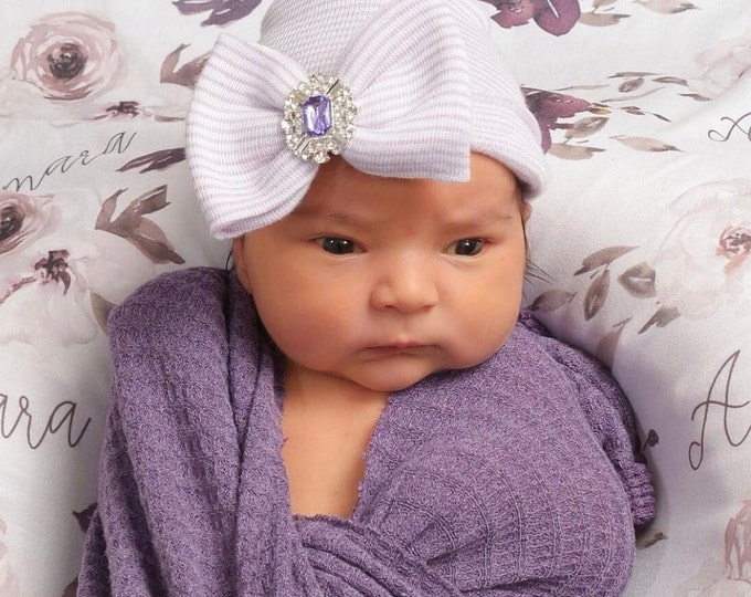 Featured listing image: Newborn Hospital Hat, lavender and white stripes with a purple rhinestone center on the bow, baby hat, bebe, Lil Miss Sweet Pea Boutique