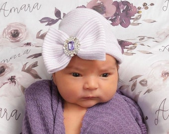 Newborn Hospital Hat, lavender and white stripes with a purple rhinestone center on the bow, baby hat, bebe, Lil Miss Sweet Pea Boutique