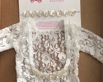 Newborn Lace Romper with Sequin Trim AND/OR sequin flower headband by Lil Miss Sweet Pea