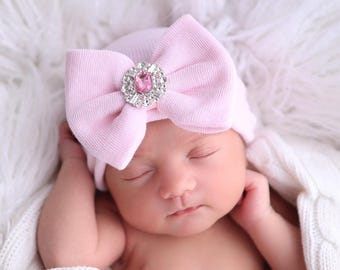 Newborn Baby Hospital Hat, Decorated with Rhinestone, choose pink or white, double ply, hospital grade, beenie, Lil Miss Sweet Pea Boutique