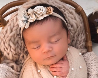 Pearl Wrap in Tan color AND/OR Butterfly adorned headband with paper roses, newborn photo set,  swaddle wrapset,  by Lil Miss Sweet Pea