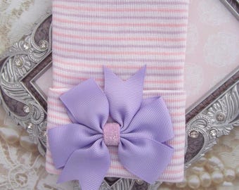 Newborn Hospital Hat, Pink & White Stripe with a Lavender Grosgrain Bow, baby hat, Infant teenie hat by Lil Miss Sweet Pea Boutique