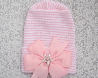 Newborn Hospital Hat, starfish accent, newborn, teenie, beanie, infant take home hat, bebe, foto, newborn photos, by Lil Miss Sweet Pea