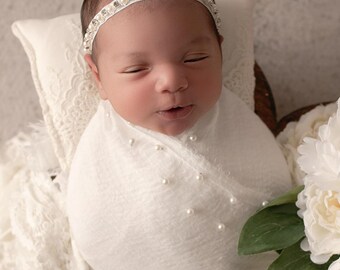 Off-White Pearl Newborn Wrap, muslin fabric AND/or rhinestone & pearl headband, CHOOSE elastic color under metal trim. By Lil Miss Sweet Pea
