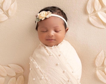 Off-white muslin, pearl adorned swaddle AND/OR matching mulberry paper flower headband, newborn photos, foto bebe, by Lil Miss Sweet Pea