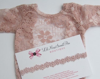 Newborn Dusty Rose Lace Romper/ unlined/ AND/OR coordinating flower trim headband/ bebe foto/ bandeau/ Lil Miss Sweet Pea