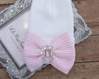 Newborn fitted top newborn hospital hat, pink or lavender stripe bow, matching vintage button, latex free, hat beenie,  Lil Miss Sweet Pea