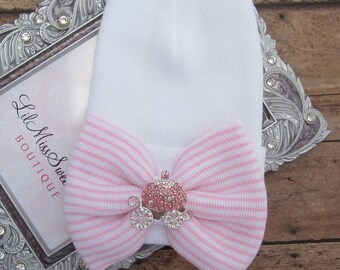 Newborn hospital hat, white with a pink stripe bow with princess carriage bow center, baby beenie, by Lil Miss Sweet Pea