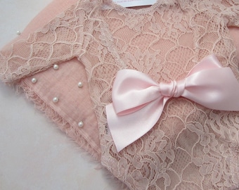 Newborn Lace Romper Champagne Pink, AND/or Blush Rose Pearl Adorned Swaddle AND/or Pearl and Rhinestone Headband, by Lil Miss Sweet Pea