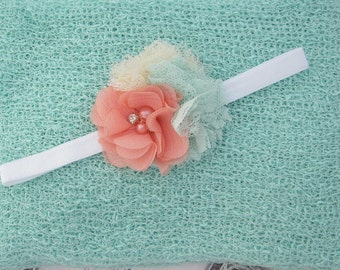 Mint Knit Wrap AND/OR Matching Cluster of Chiffon and Lace Flowers Headband, photo shoots, newborn swaddle, bebe foto, Lil Miss Sweet Pea