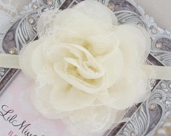 Ivory 4 inch lace and chiffon petal flower on matching elastic or a clip, bebe, foto, flower clip, photos, neutral color, Lil Miss Sweet Pea