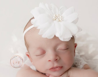 White (3.75") chiffon petal flower headband, newborn bebe foto, one size  fits newborn to teen, white flower headband, by Lil Miss Sweet Pea