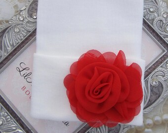 Newborn Hospital Hat, red flower on a white hat, baby hat, baby gift, new baby, Holiday hat, from Lil Miss Sweet Pea Boutique