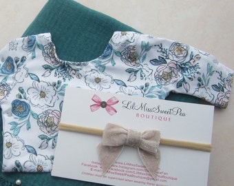 Teal blue pearl adorned swaddle AND/or stretch romper AND/or velvet bow, buy either piece or set, newborn girl outfit, Lil Miss Sweet Pea