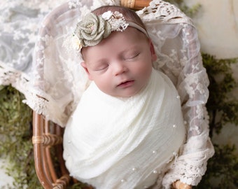 Newborn wrap set for photography, off white muslin wrap AND/OR choice of headband Lil Miss Sweet Pea