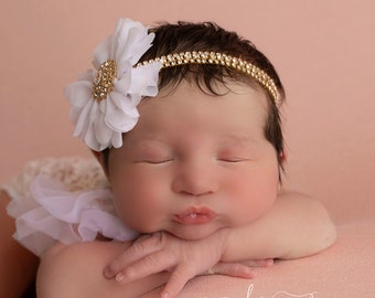 Gold rhinestone bling headband ONLY or WITH white petal flower, wedding, baptism, newborn photography, bebe, Lil Miss Sweet Pea