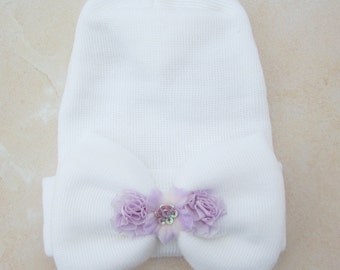 Newborn Hospital Hat, white hat with a matching white fabric bow and lavender ribbon flowers, baby hat, beanie, Lil Miss Sweet Pea