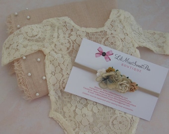 Newborn Lace Romper, unlined, in light Ivory AND/or butterfly adorned paper flower headband AND/or Pearl Swaddle by Lil Miss Sweet Pea