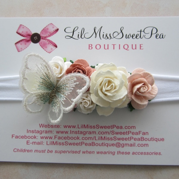 Butterfly adorned headband with paper roses, choose white or tan, by Lil Miss Sweet Pea