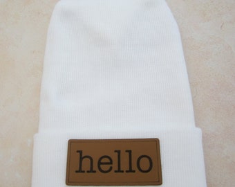 Hello Newborn Hospital Hat, in white, infant beenie, take home hat, boys Hospital hat, by Lil Miss Sweet Pea