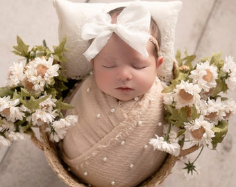 Tan pearl adorned swaddle wrap AND/OR light beige fabric bow headband, newborn photos pillow, handmade, swaddle wrap set Lil Miss Sweet Pea