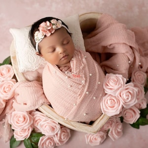 Blush Pearl Adorned Swaddle Set with matching headband, OR just the headband, for newborn photos, Lil Miss Sweet Pea