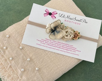 Pearl Wrap in Oatmeal color AND/OR Butterfly adorned headband with paper roses, newborn photo set,  swaddle wrapset,  by Lil Miss Sweet Pea