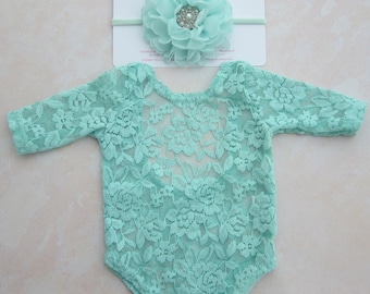 Mint Lace Romper, lace, w,sleeves, unlined, AND/OR matching 4 inch floral headband/ newborn set, bebe foto, Lil Miss Sweet Pea