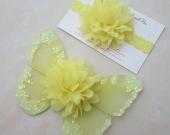 Yellow butterfly wings AND/OR flower headband, baby wings, newborn photo wings, glitter wings, by Lil Miss Sweet Pea