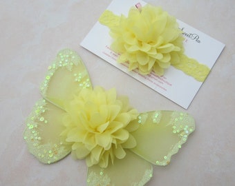 Yellow butterfly wings AND/OR flower headband, baby wings, newborn photo wings, glitter wings, by Lil Miss Sweet Pea