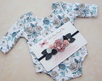 Pink and blue floral knit, printed long sleeve newborn romper AND/OR floral headband, choose A or B, girl photoshoot, Lil Miss Sweet Pea