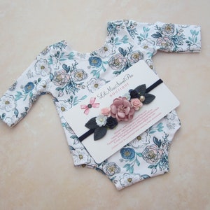 Pink and blue floral knit, printed long sleeve newborn romper AND/OR floral headband, choose A or B, girl photoshoot, Lil Miss Sweet Pea