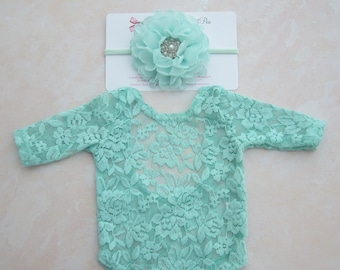 Mint Lace Romper, lace, w/sleeves, unlined, AND/OR matching 4 inch floral headband, newborn set, bebe foto, Lil Miss Sweet Pea