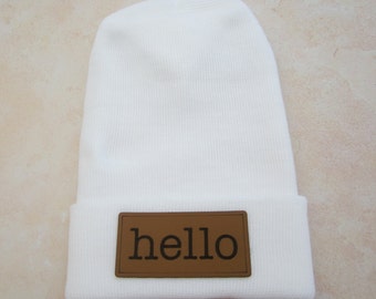 Hello Newborn Hospital Hat, 5 colors, choose from drop down menu, infant beenie, take home hat, faux leather, Lil Miss Sweet Pea