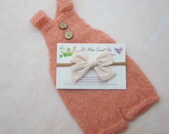Knit overalls for newborn girls photo AND/OR matching bow headband, photo outfit set, baby girl photos, by Lil Miss Sweet Pea