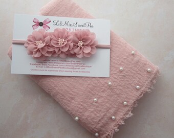 Pearl Wrap in Dusty Rose color AND/OR headband with 3 - 2 inch chiffon flowers/ newborn photo/ swaddle wrapset/ by Lil Miss Sweet Pea