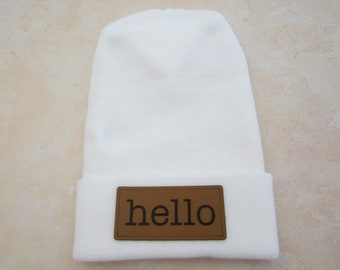 Hello Newborn Hospital Hat, 5 colors, choose from drop down menu, infant beenie, take home hat, faux leather, Lil Miss Sweet Pea