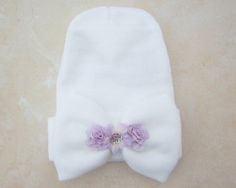 Newborn Hospital Hat, white hat with a matching white fabric bow and lavender ribbon flowers, baby hat, beanie, Lil Miss Sweet Pea