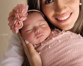 Blush Muslin Pearl Newborn Wrap AND/OR matching 4 inch floral headband/ newborn wrap set/ bebe foto/ baby wrap/ Lil Miss Sweet Pea